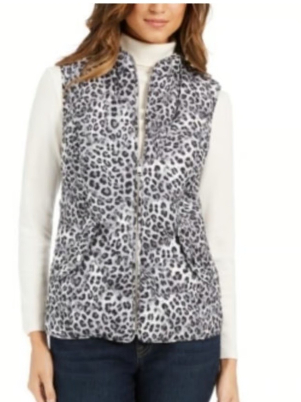 Charter Club Leopard-Print Quilted Puffer Vest in White and Gray